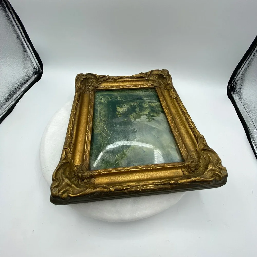 Vintage 10x9 Framed Landscape Gold Ornate Rococo Pastoral Scene Gilt Rustic